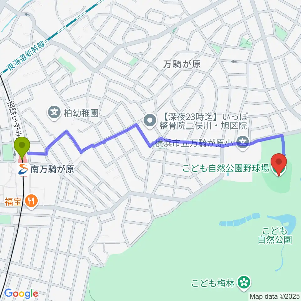 こども自然公園野球場の最寄駅南万騎が原駅からの徒歩ルート（約13分）地図