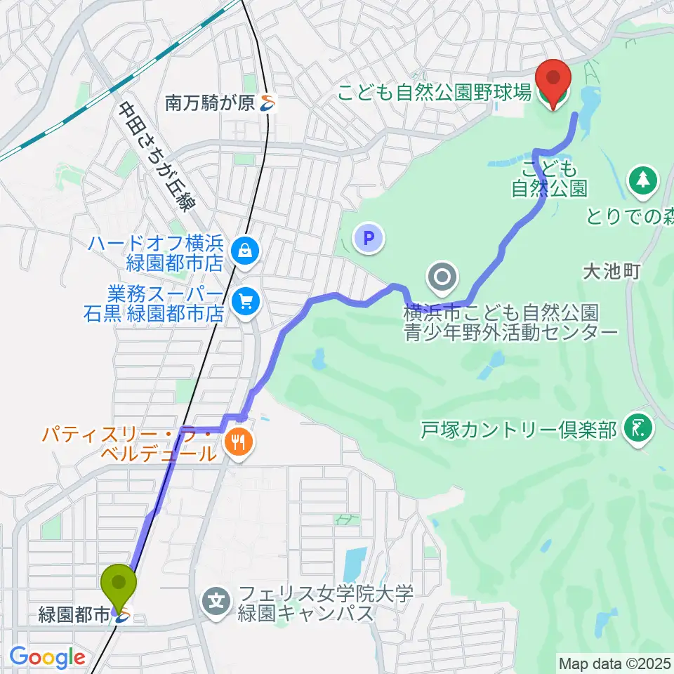 緑園都市駅からこども自然公園野球場へのルートマップ地図