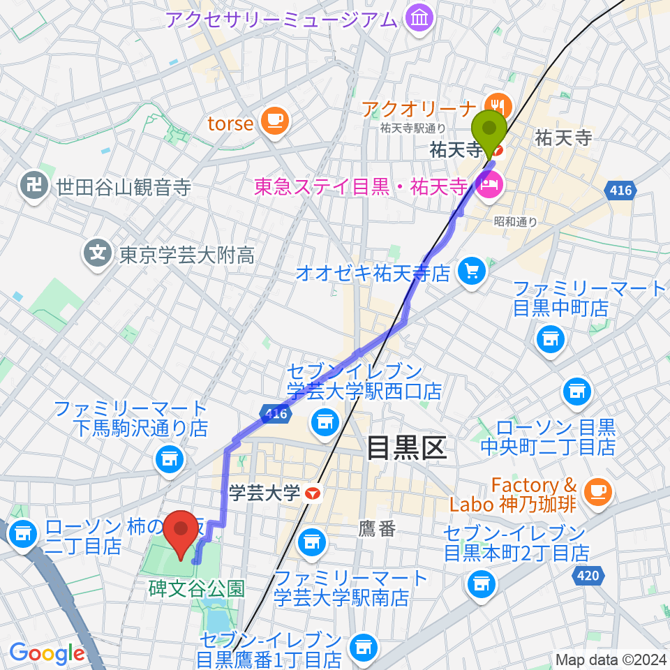 祐天寺駅から碑文谷野球場へのルートマップ地図