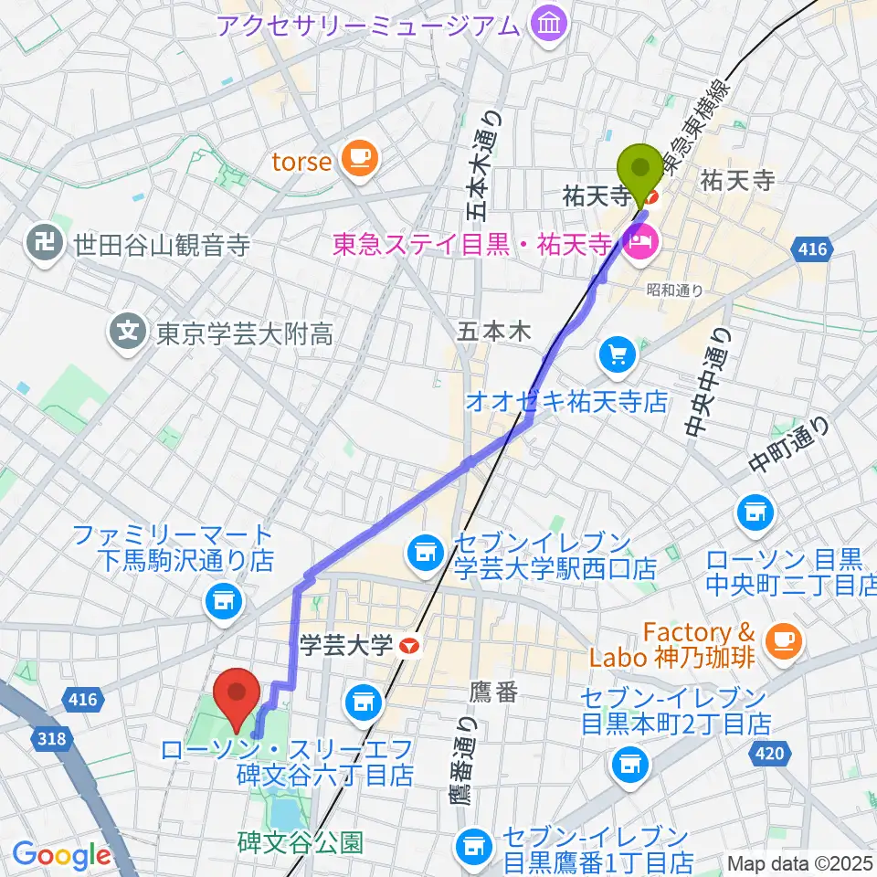 祐天寺駅から碑文谷野球場へのルートマップ地図