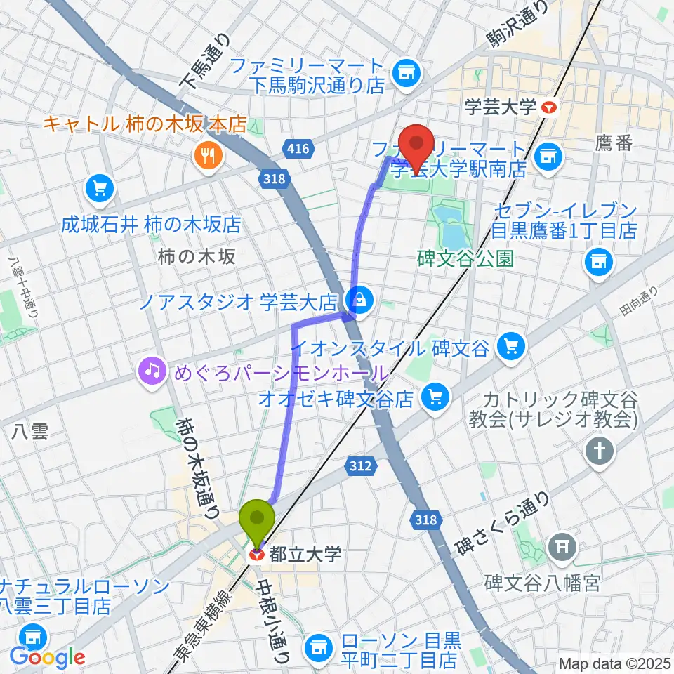 都立大学駅から碑文谷野球場へのルートマップ地図