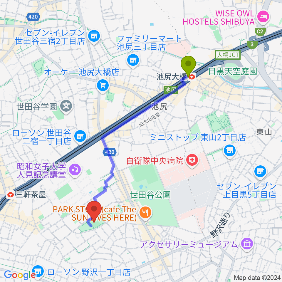 池尻大橋駅からこどものひろば公園 少年野球場へのルートマップ地図