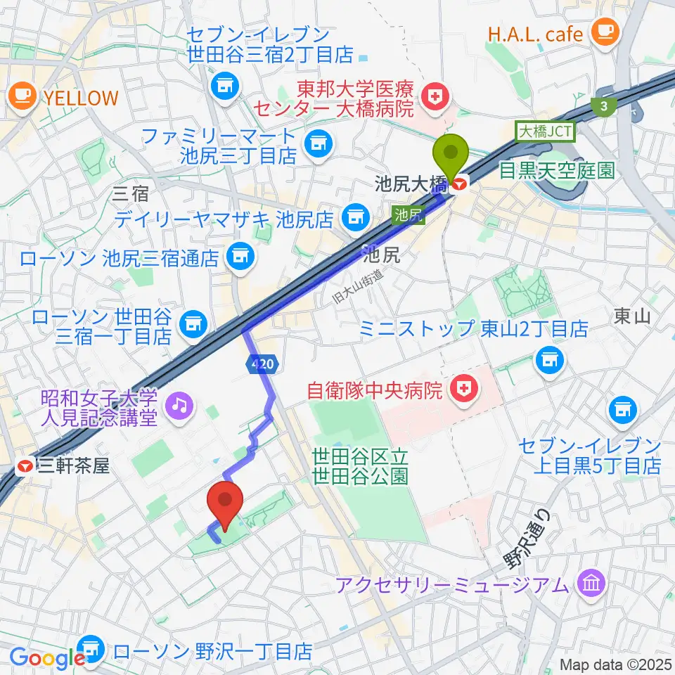 池尻大橋駅からこどものひろば公園 少年野球場へのルートマップ地図