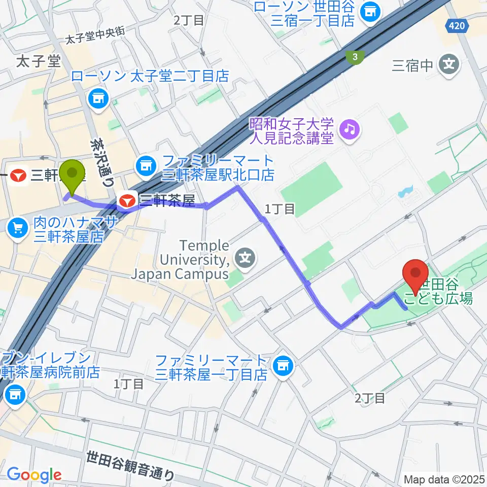 こどものひろば公園 少年野球場の最寄駅三軒茶屋駅からの徒歩ルート（約11分）地図