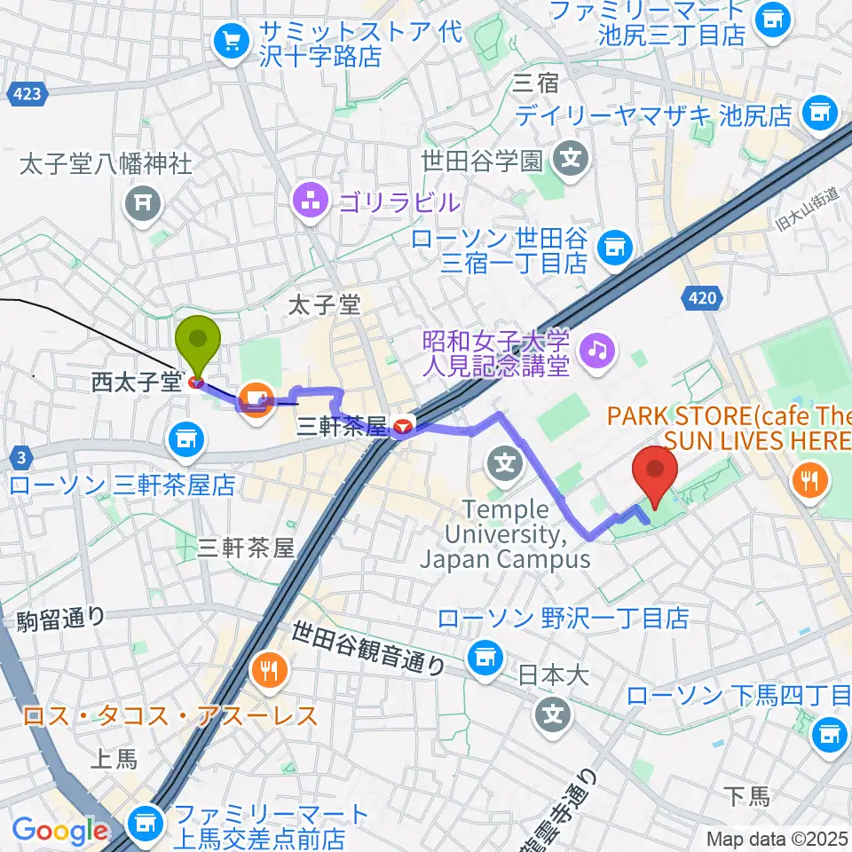 西太子堂駅からこどものひろば公園 少年野球場へのルートマップ地図