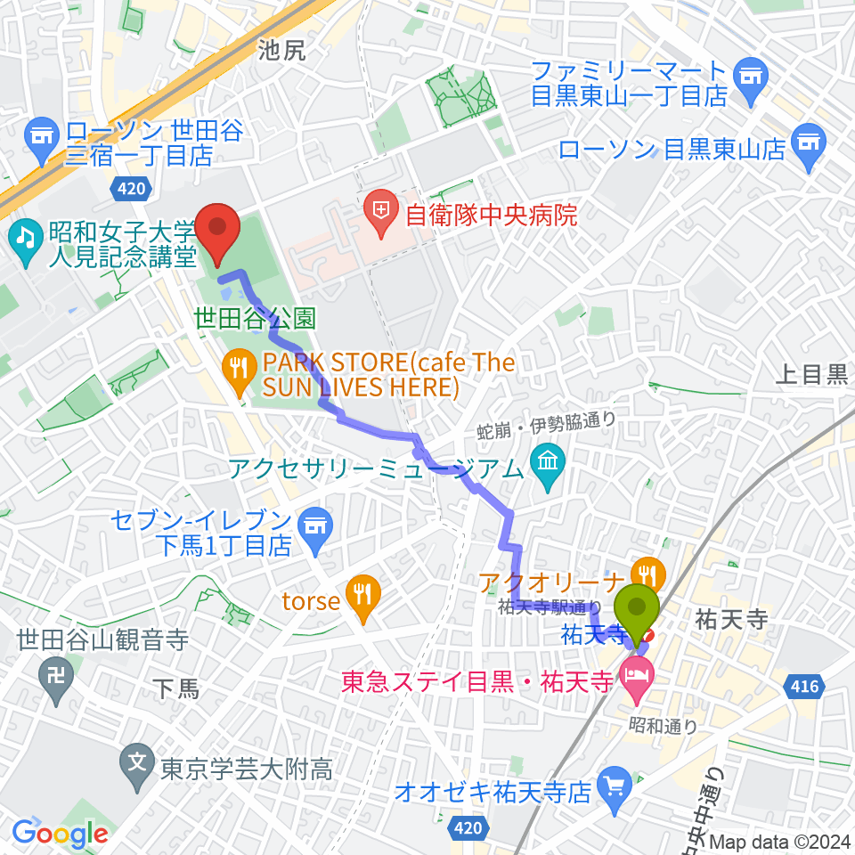 祐天寺駅から世田谷公園軟式野球場へのルートマップ地図