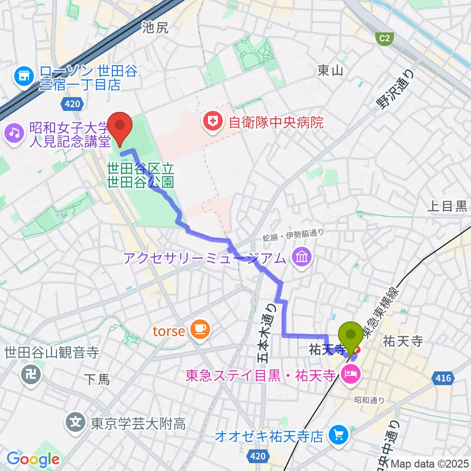 祐天寺駅から世田谷公園軟式野球場へのルートマップ地図