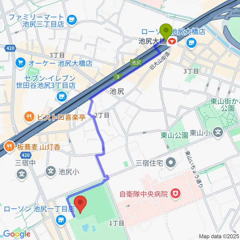 世田谷公園軟式野球場の最寄駅池尻大橋駅からの徒歩ルート（約12分）地図