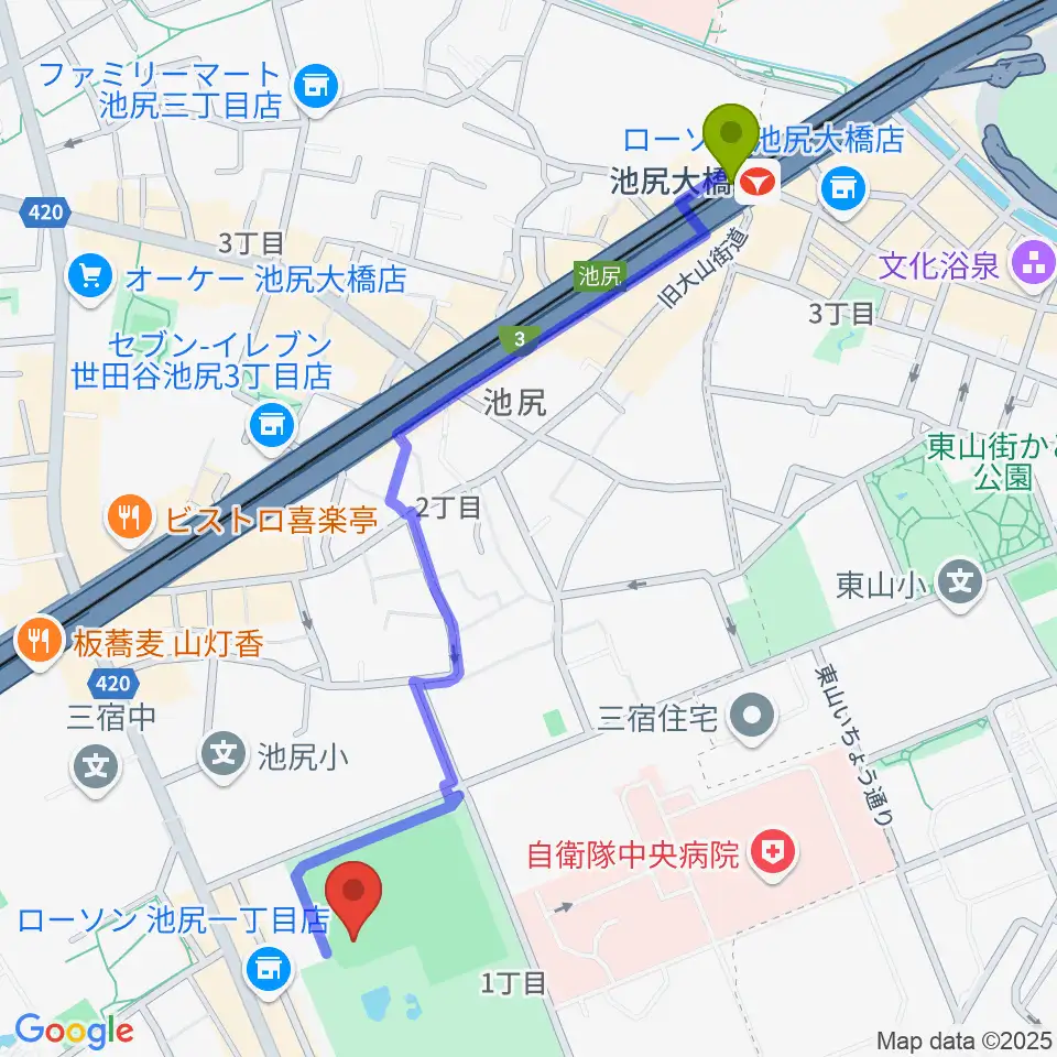 世田谷公園軟式野球場の最寄駅池尻大橋駅からの徒歩ルート（約12分）地図