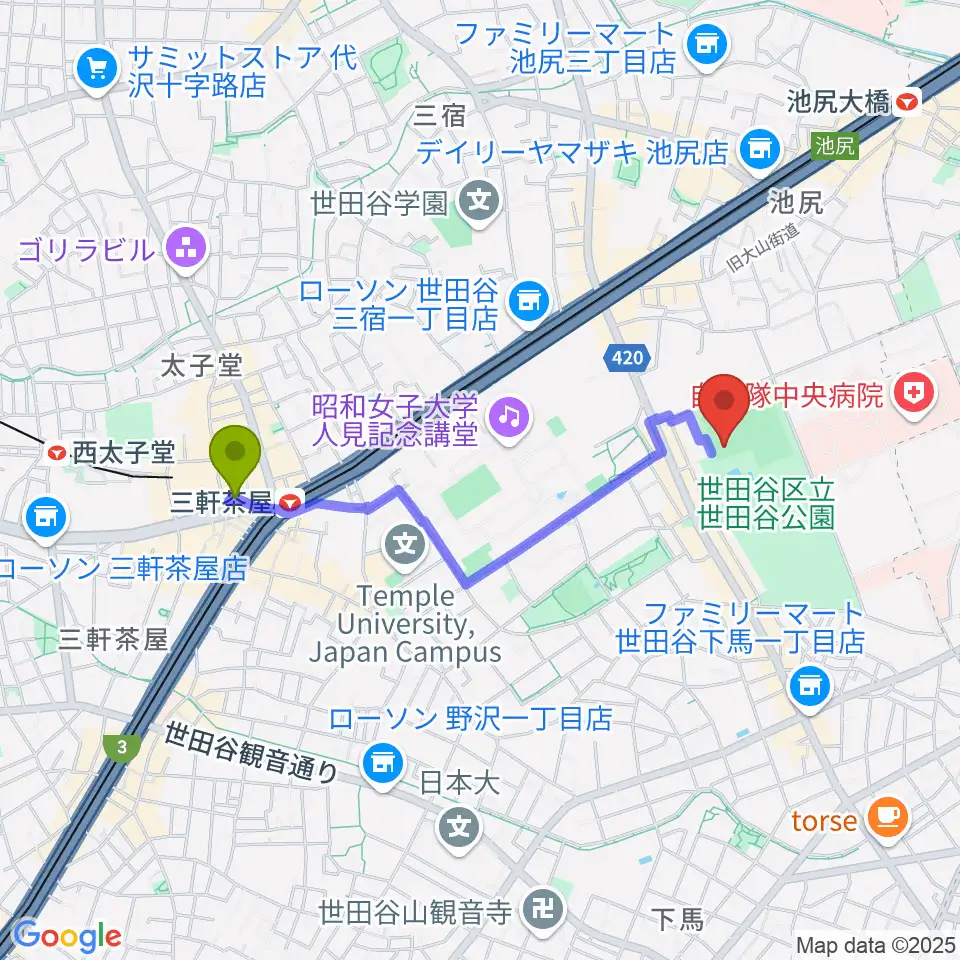 三軒茶屋駅から世田谷公園軟式野球場へのルートマップ地図