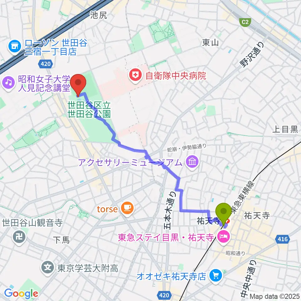 祐天寺駅からせたがや未来の平和館へのルートマップ地図