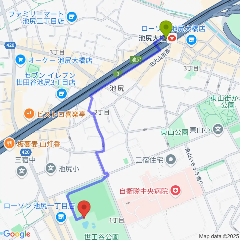 せたがや未来の平和館の最寄駅池尻大橋駅からの徒歩ルート（約13分）地図