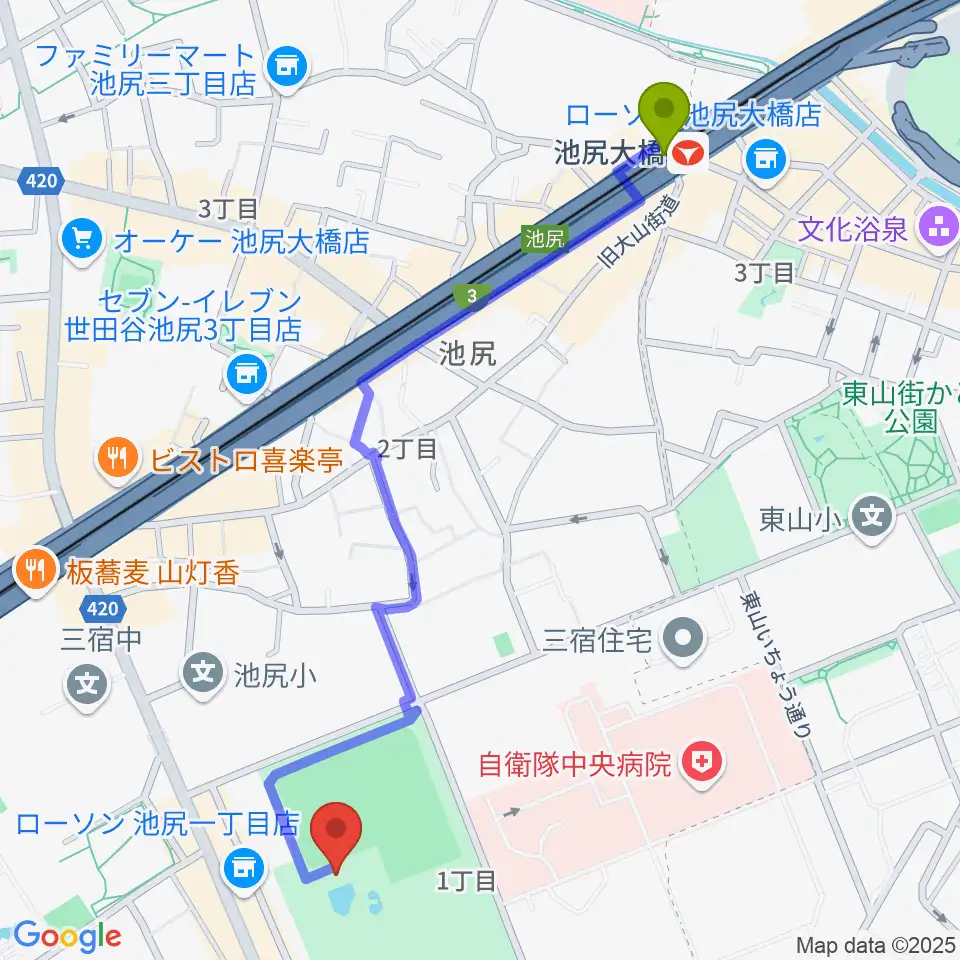 せたがや未来の平和館の最寄駅池尻大橋駅からの徒歩ルート（約13分）地図