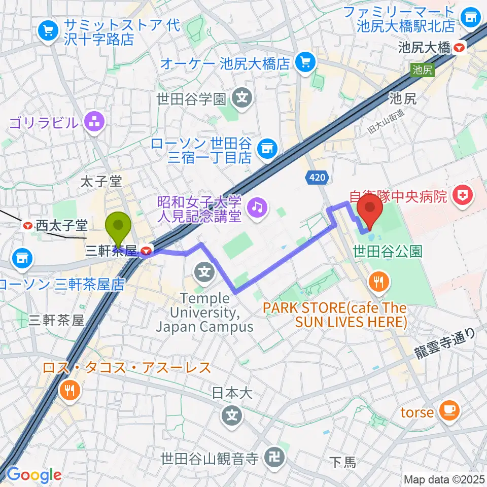 三軒茶屋駅からせたがや未来の平和館へのルートマップ地図