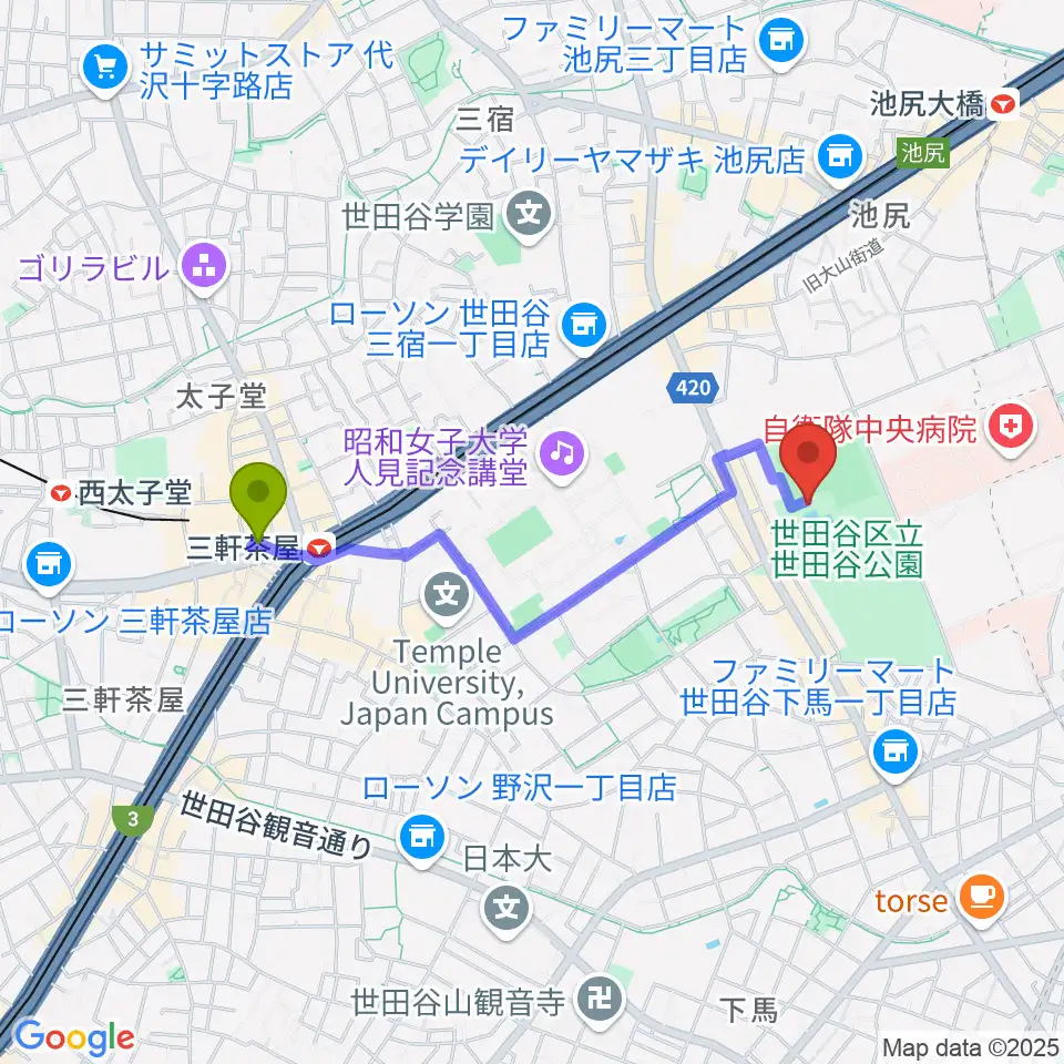 三軒茶屋駅からせたがや未来の平和館へのルートマップ地図