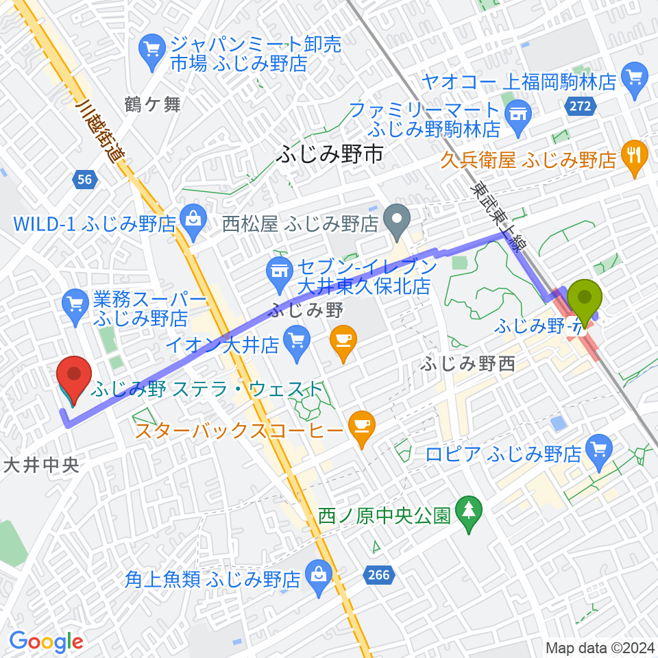 ふじみ野ステラ・ウェストの最寄駅ふじみ野駅からの徒歩ルート（約24分）地図