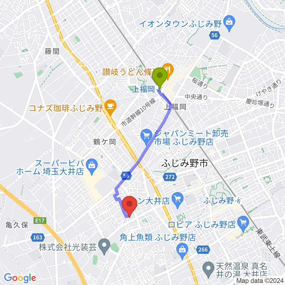 上福岡駅からふじみ野ステラ・ウェストへのルートマップ地図