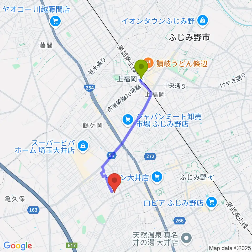 上福岡駅からふじみ野ステラ・ウェストへのルートマップ地図