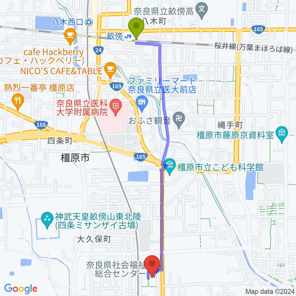 畝傍駅から奈良県社会福祉総合センターへのルートマップ地図