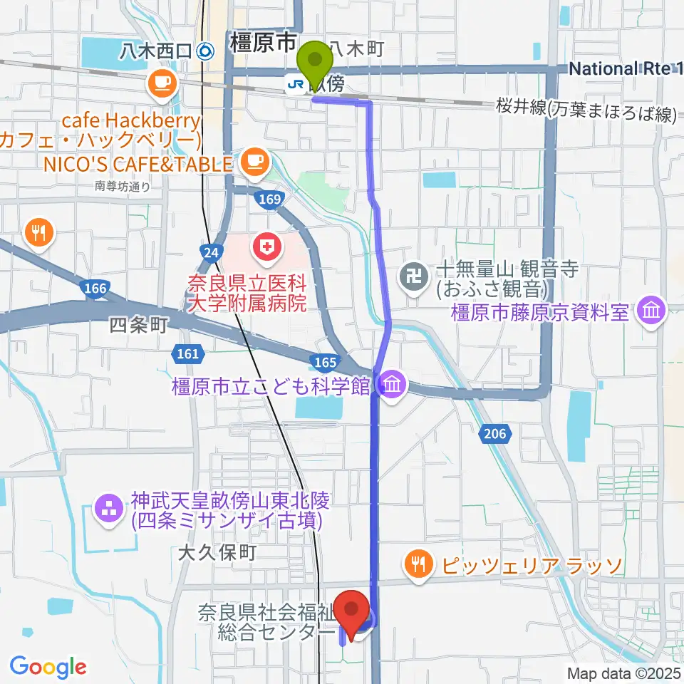 畝傍駅から奈良県社会福祉総合センターへのルートマップ地図