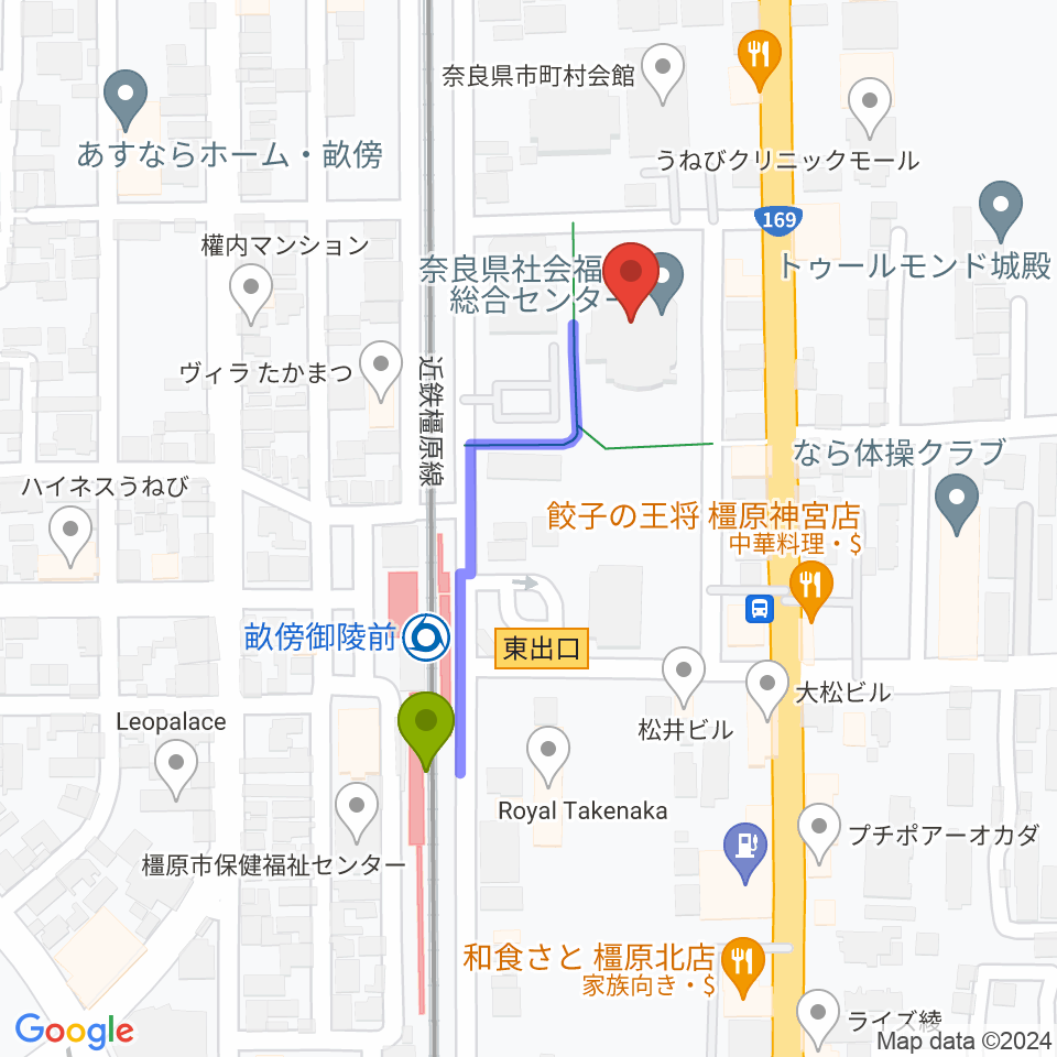 奈良県社会福祉総合センターの最寄駅畝傍御陵前駅からの徒歩ルート（約4分）地図