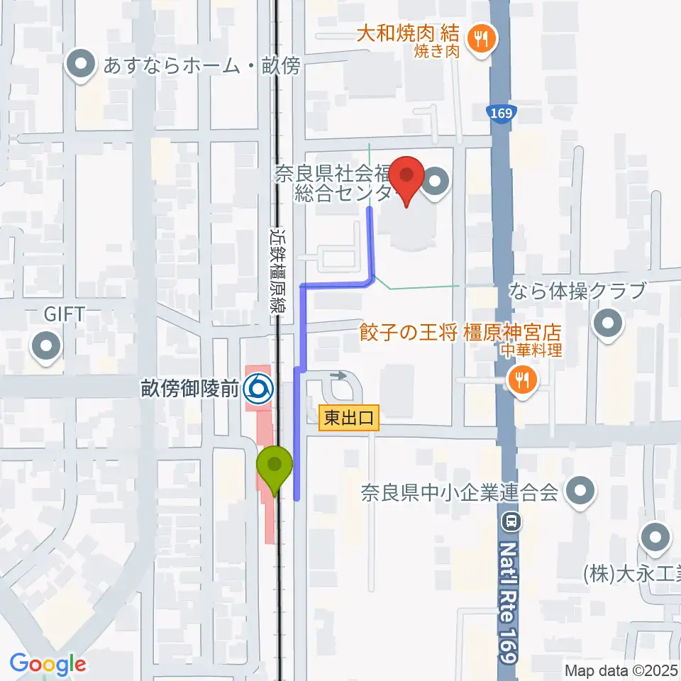 奈良県社会福祉総合センターの最寄駅畝傍御陵前駅からの徒歩ルート（約4分）地図