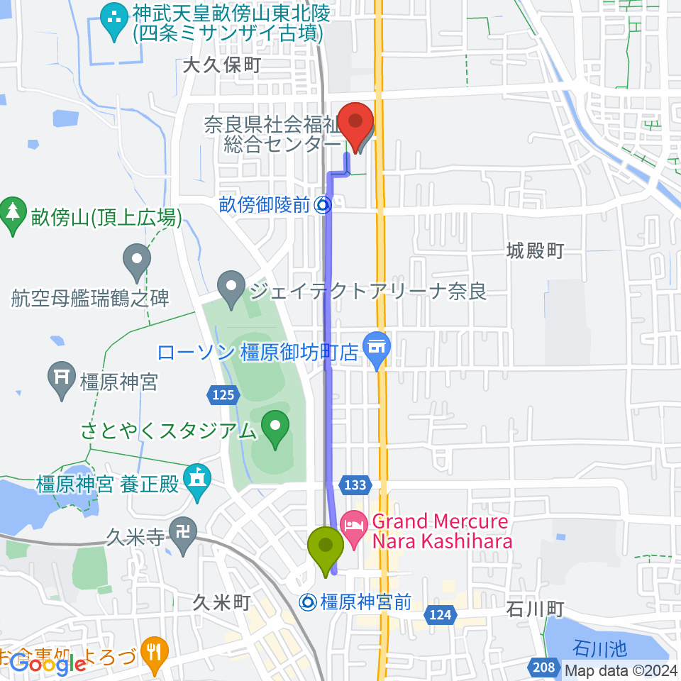 橿原神宮前駅から奈良県社会福祉総合センターへのルートマップ地図