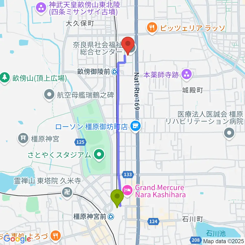 橿原神宮前駅から奈良県社会福祉総合センターへのルートマップ地図