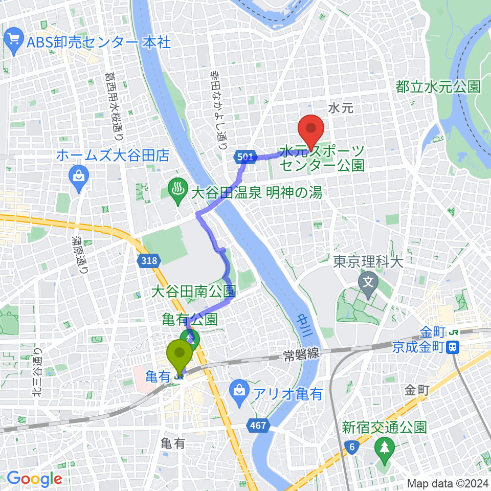 亀有駅から水元総合スポーツセンターへのルートマップ地図