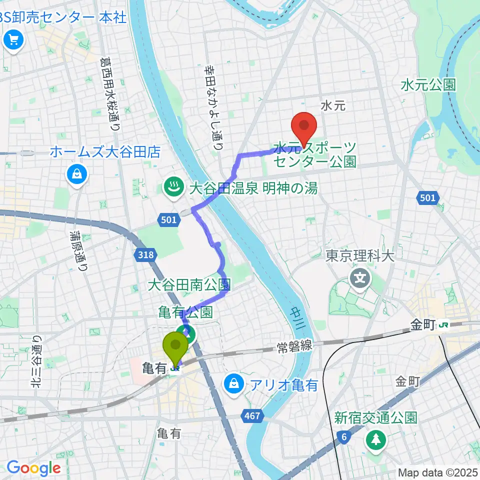 亀有駅から水元総合スポーツセンターへのルートマップ地図