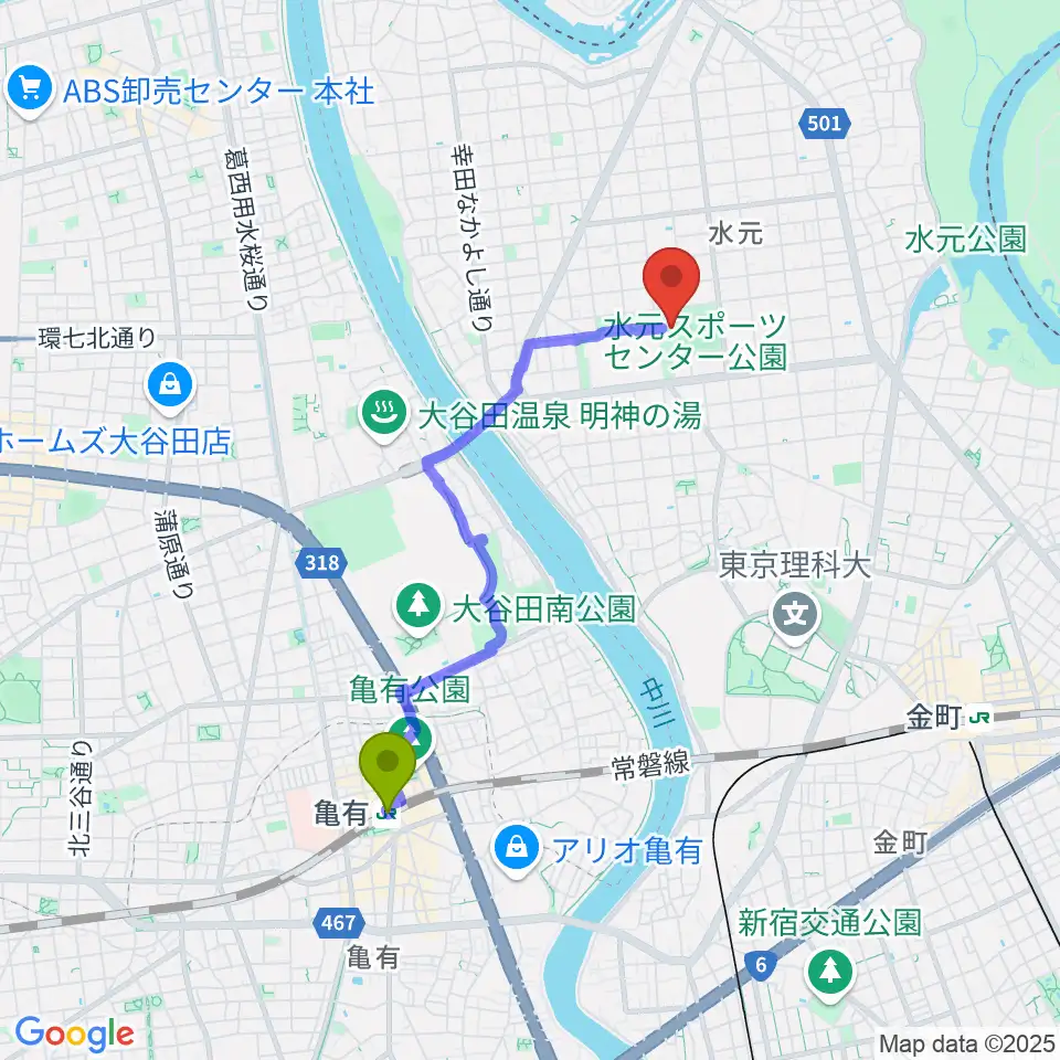 亀有駅から水元総合スポーツセンターへのルートマップ地図