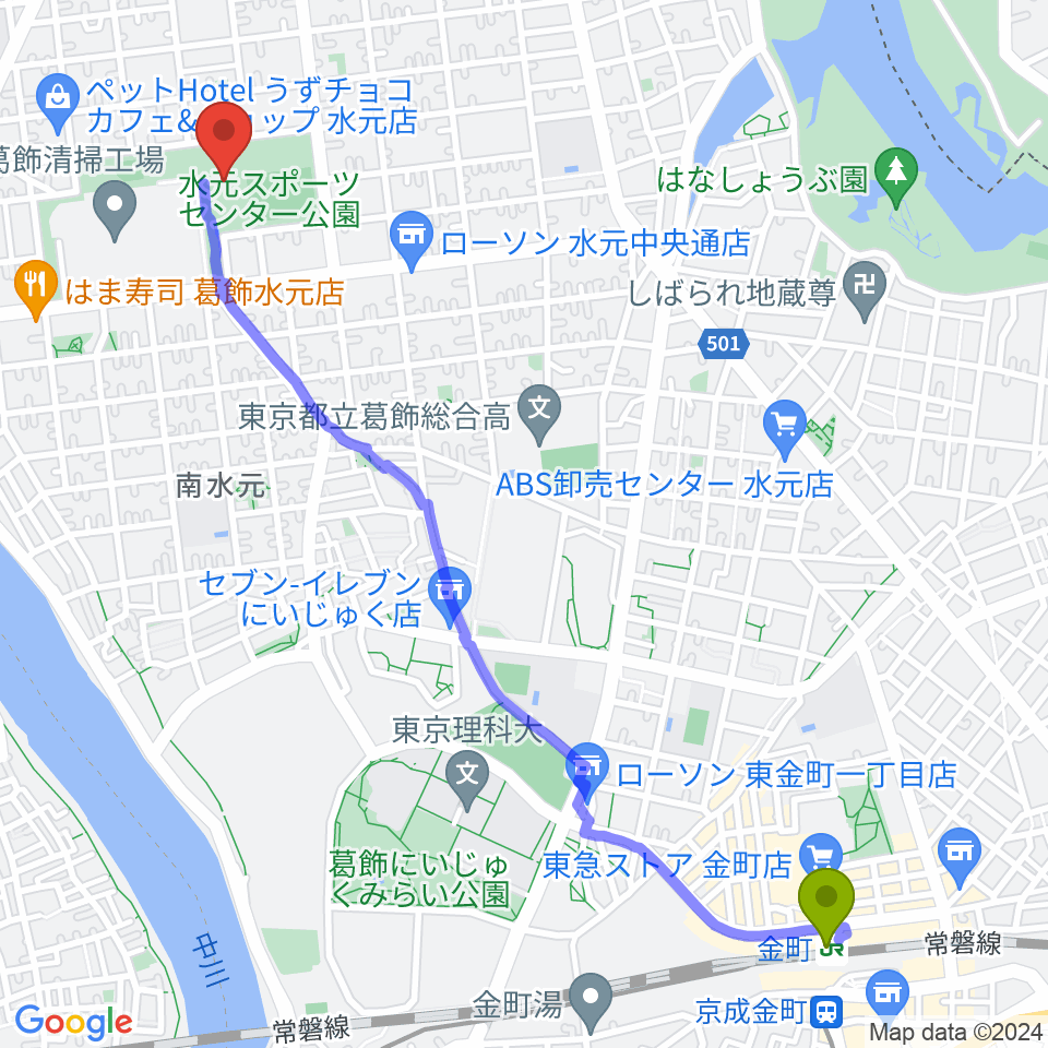 水元総合スポーツセンターの最寄駅金町駅からの徒歩ルート（約29分）地図
