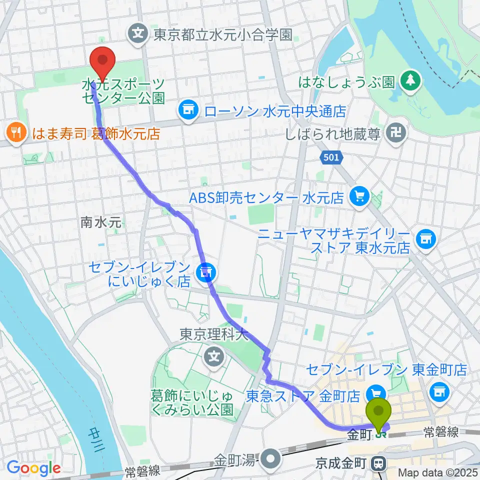 水元総合スポーツセンターの最寄駅金町駅からの徒歩ルート（約29分）地図