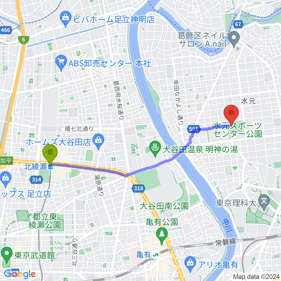 北綾瀬駅から水元総合スポーツセンターへのルートマップ地図