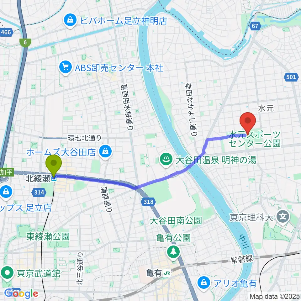 北綾瀬駅から水元総合スポーツセンターへのルートマップ地図