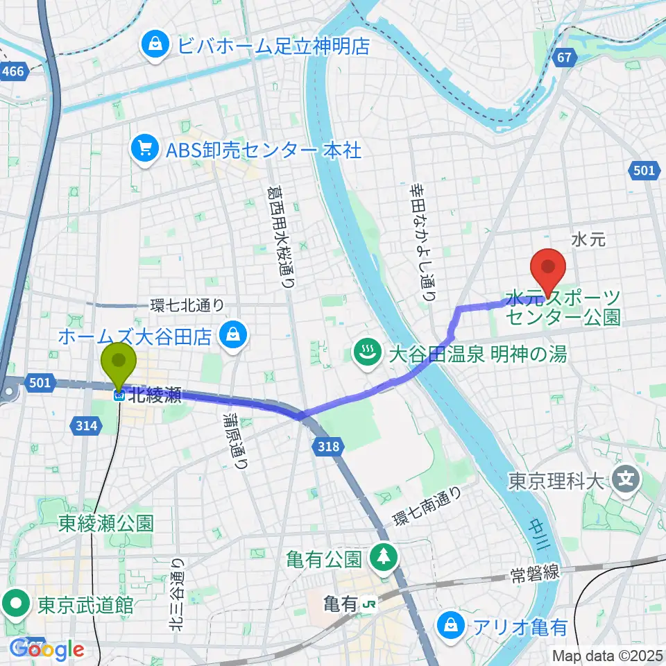 北綾瀬駅から水元総合スポーツセンターへのルートマップ地図