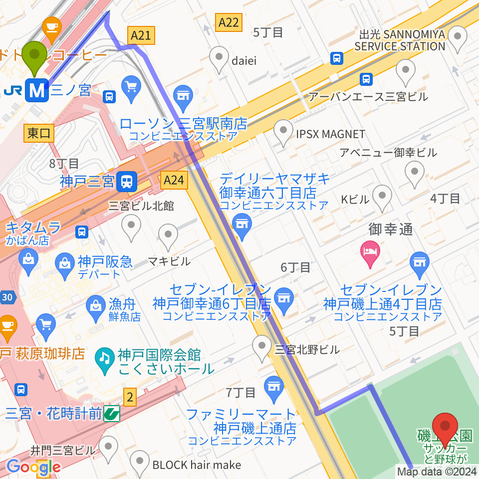 三ノ宮駅から神戸市立磯上体育館へのルートマップ地図