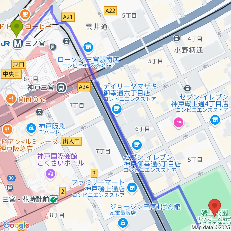 三ノ宮駅から神戸市立磯上体育館へのルートマップ地図