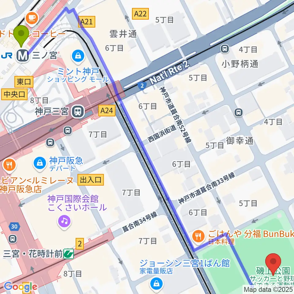 三ノ宮駅から神戸市立磯上体育館へのルートマップ地図