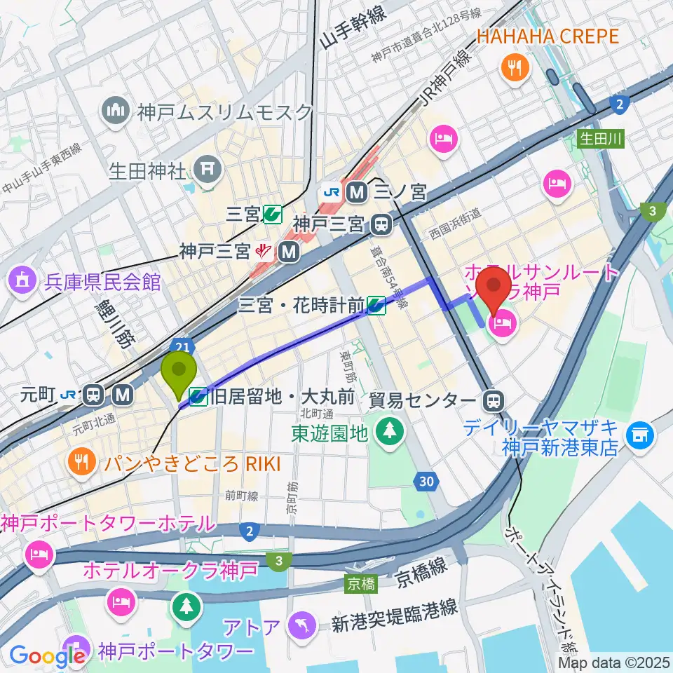 旧居留地・大丸前駅から神戸市立磯上体育館へのルートマップ地図
