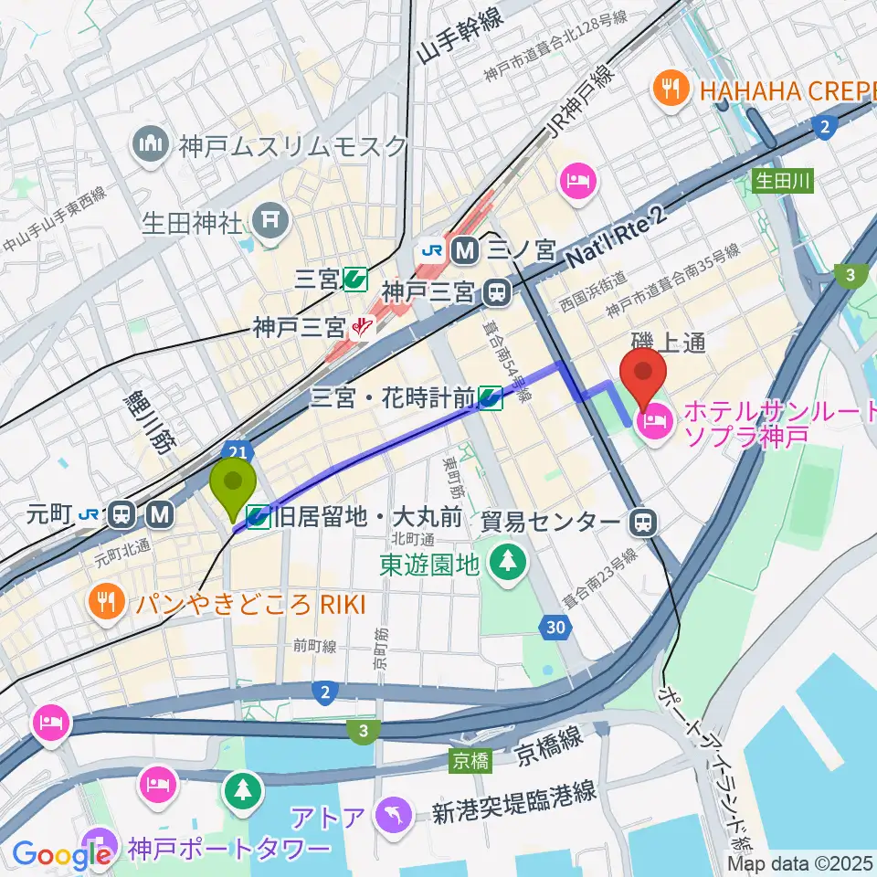 旧居留地・大丸前駅から神戸市立磯上体育館へのルートマップ地図