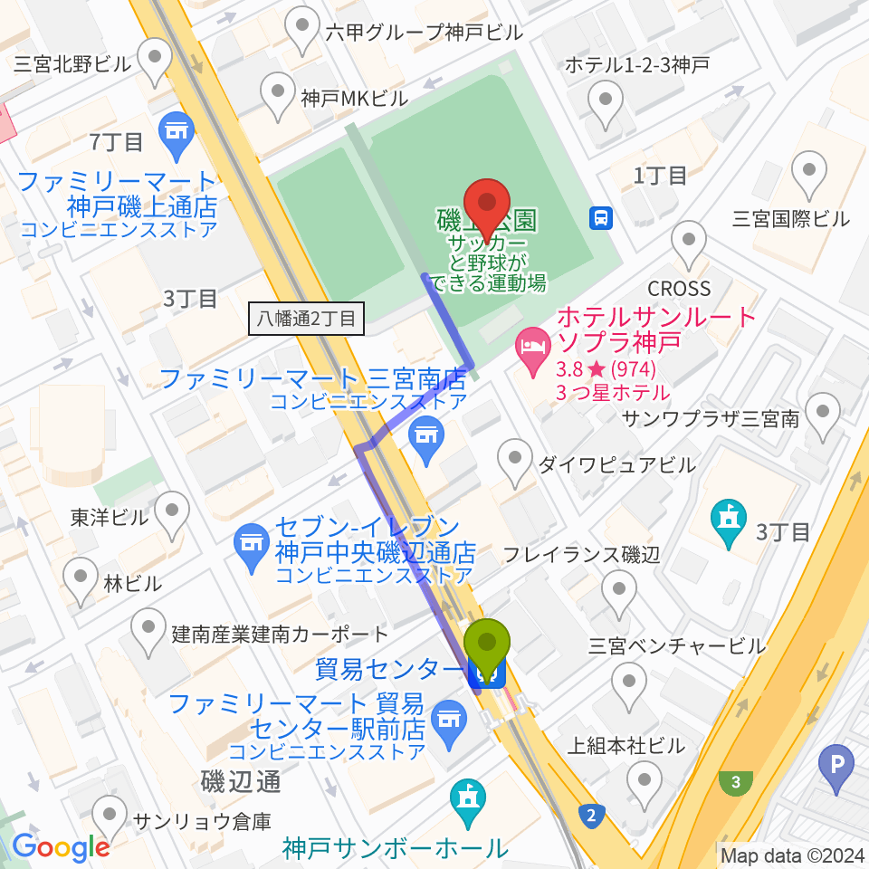 神戸市立磯上体育館の最寄駅貿易センター駅からの徒歩ルート（約4分）地図