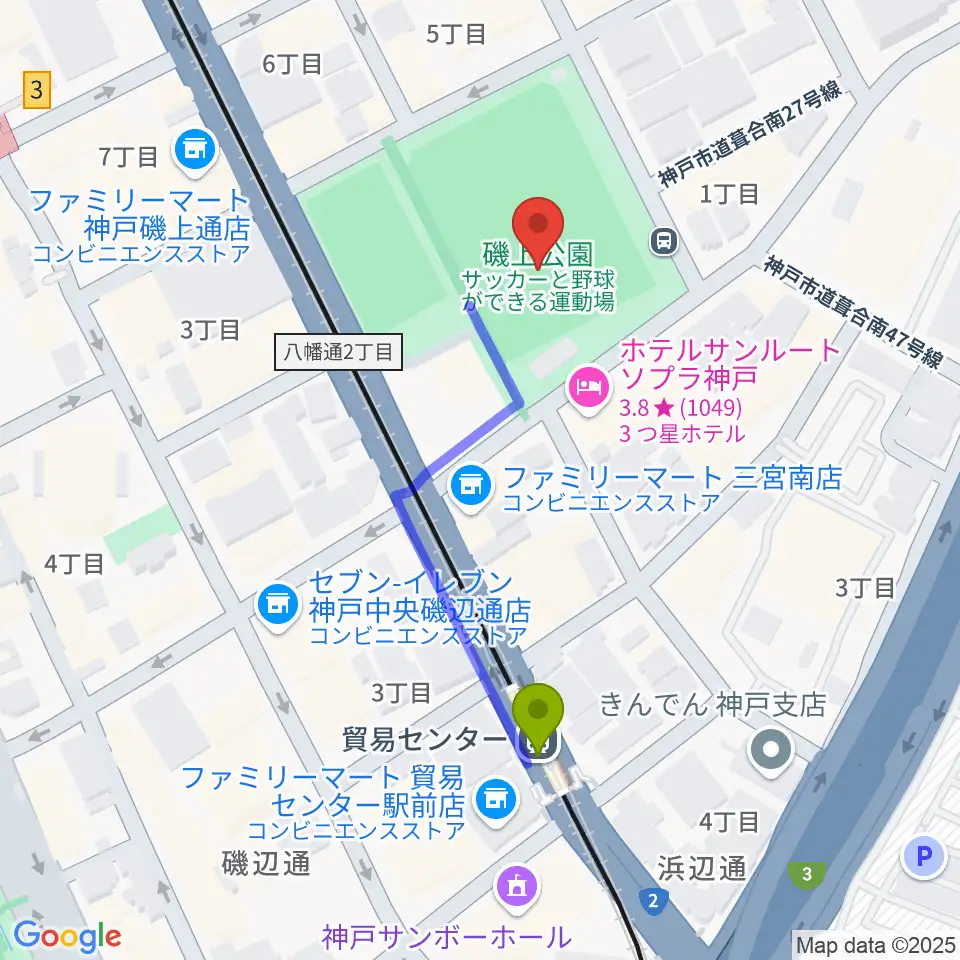 神戸市立磯上体育館の最寄駅貿易センター駅からの徒歩ルート（約4分）地図