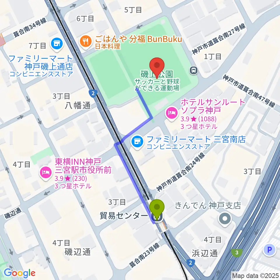 神戸市立磯上体育館の最寄駅貿易センター駅からの徒歩ルート（約4分）地図