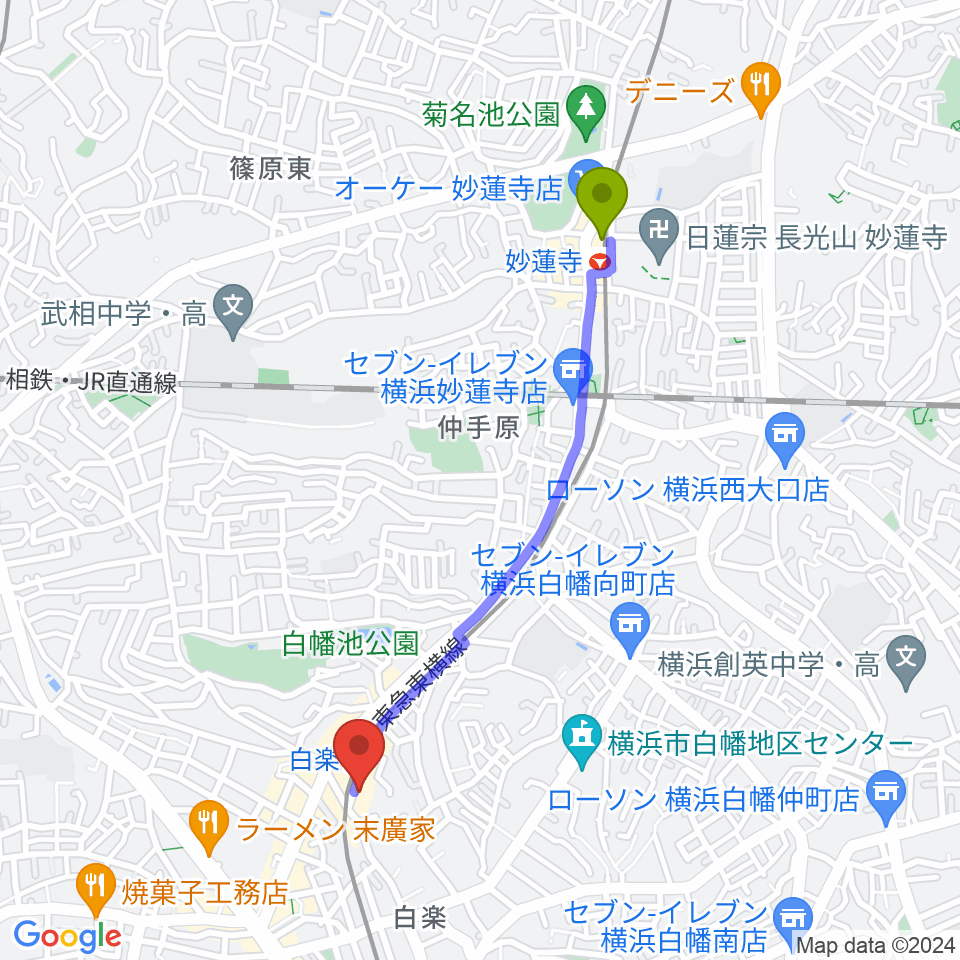 妙蓮寺駅からケイアイサウンドスタジオへのルートマップ地図