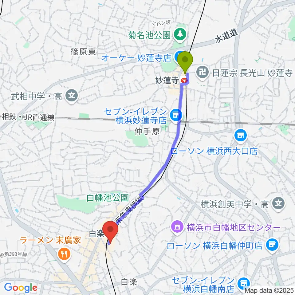 妙蓮寺駅からケイアイサウンドスタジオへのルートマップ地図
