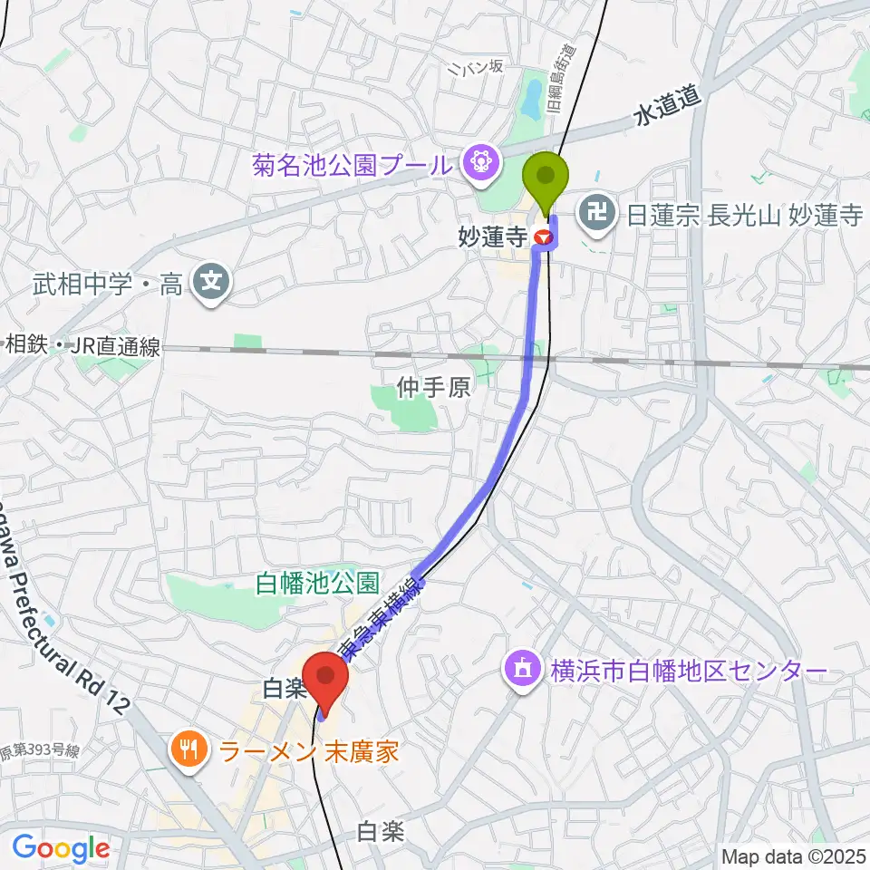 妙蓮寺駅からケイアイサウンドスタジオへのルートマップ地図