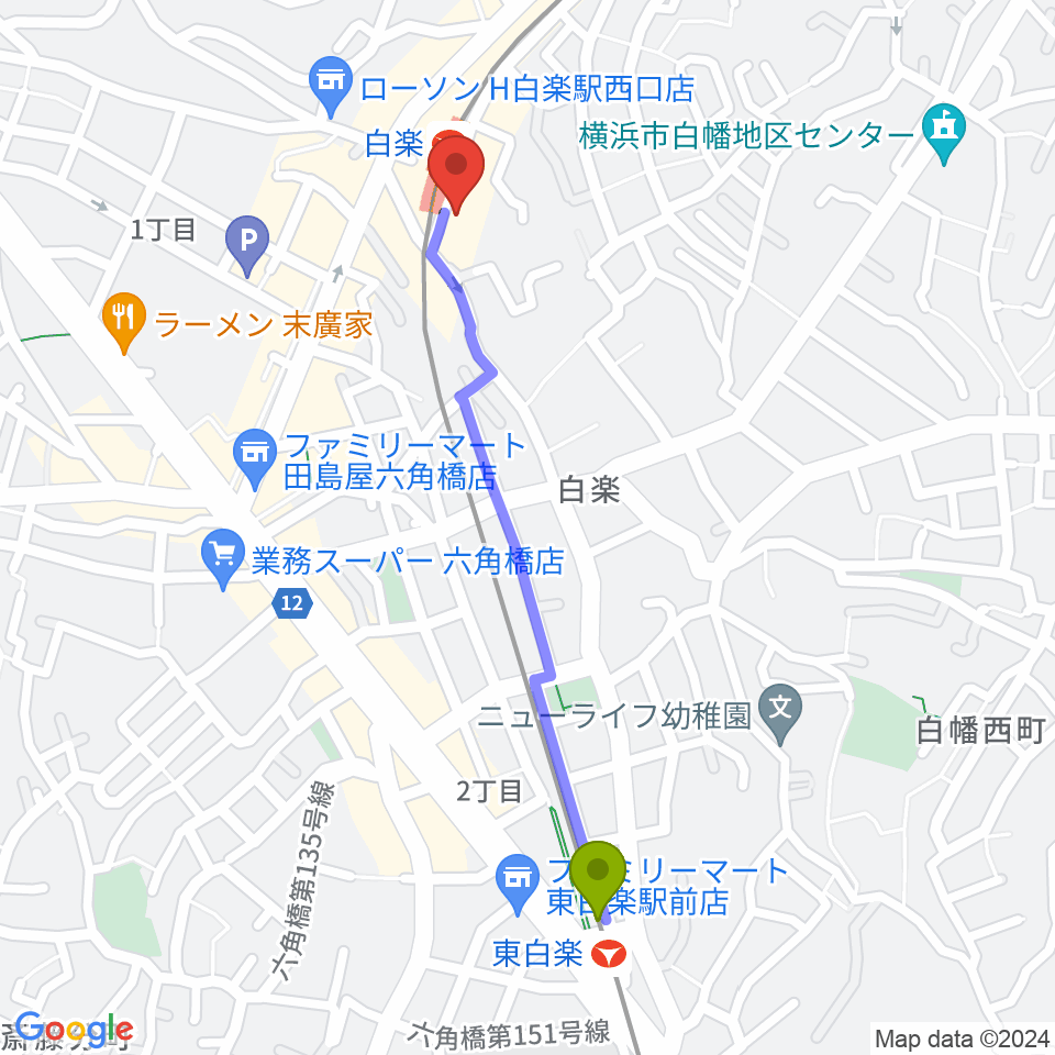 東白楽駅からケイアイサウンドスタジオへのルートマップ地図