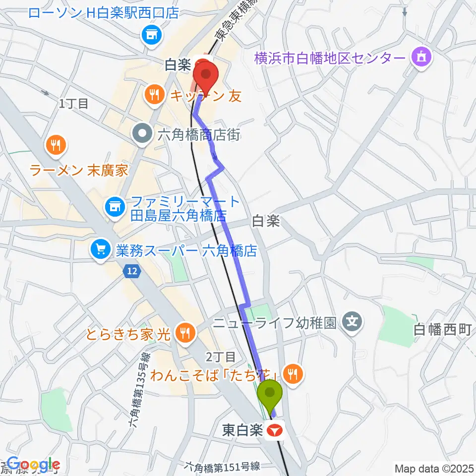 東白楽駅からケイアイサウンドスタジオへのルートマップ地図