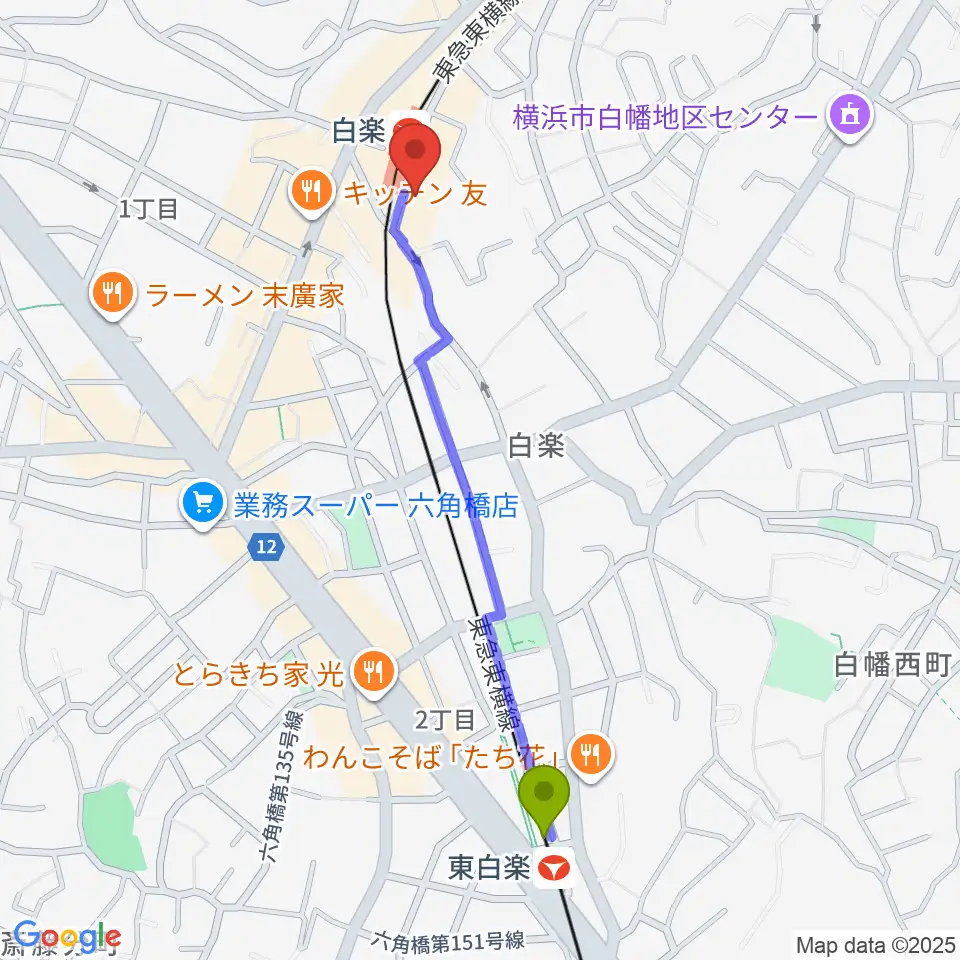 東白楽駅からケイアイサウンドスタジオへのルートマップ地図